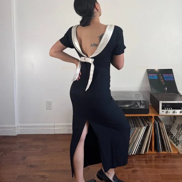 Vintage Black Back Bow Midi Cocktail Dress - Size XS/S - Picture 8 of 11